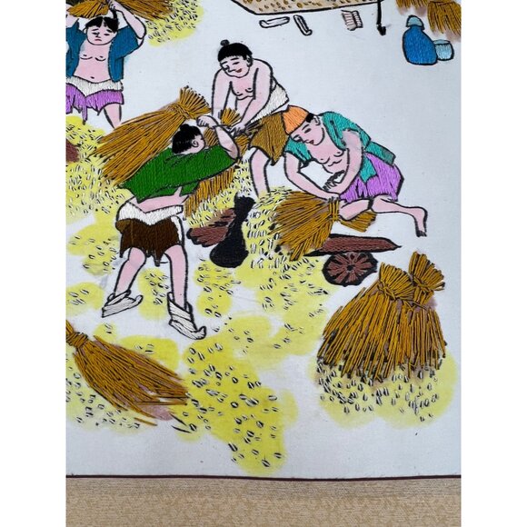 Vintage Korean Silk Embroidery Rice Harvest Scene With Yangban Overseer Panel - Picture 5 of 7